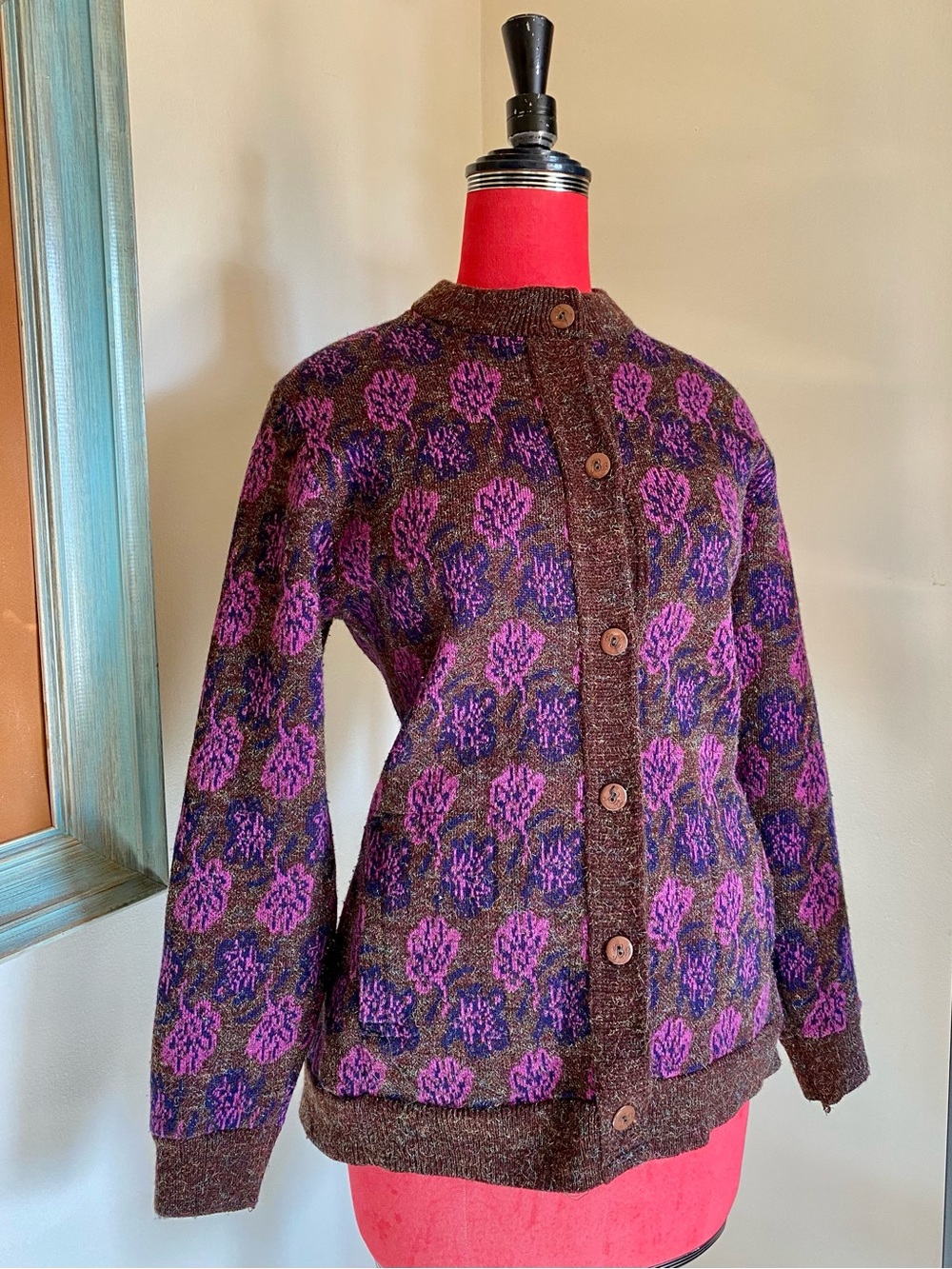 80s Purple Floral Knit Button-Up Cardigan